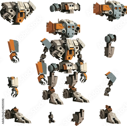 Disassembled robot mech style concept illustration. Indie game design vector graphics.