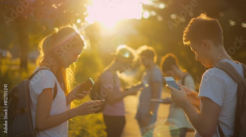 Group of young people in the park looking at their phones.