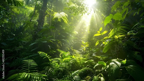 lush green foliage of a dense jungle with sunlight streaming through the trees © SprintZz