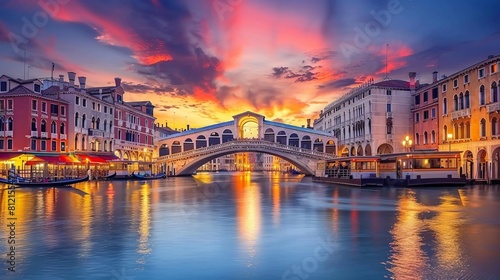 Venice  Italy. Beautiful sunset colors on Grand Canal  Rialto Bridge