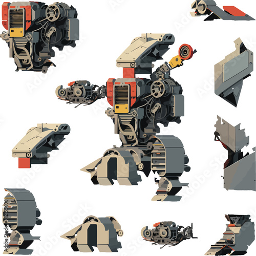 Disassembled robot mech style concept illustration. Indie game design vector graphics.