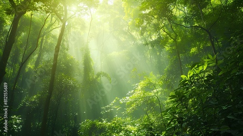 The photo shows the green foliage of a lush rainforest with the sun shining through the trees.