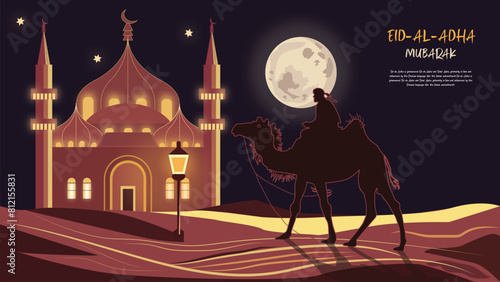 Desert twilight Man leading camel convoy. Lantern's radiance, Camel's shadow beside moonlit mosque. Eid al-Adha theme. photo
