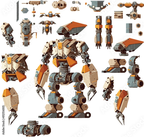 Disassembled robot mech style concept illustration. Indie game design vector graphics.
