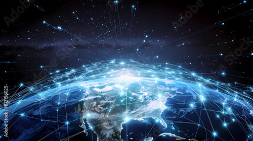 A conceptual image of a digital Earth with network lines and satellite links encircling it, highlighting global connectivity and data exchange protocols.