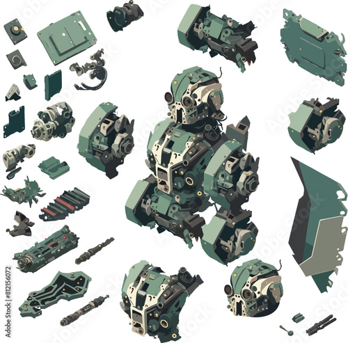 Disassembled robot mech style concept illustration. Indie game design vector graphics.