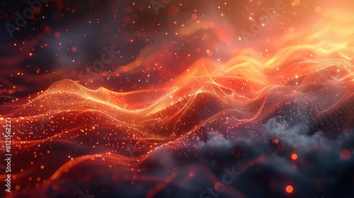 Abstract digital red particles wave flow on dark background