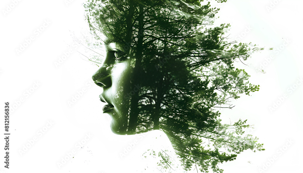 Woman face with nature green forest texture. Ecology concept