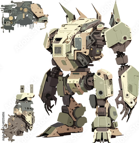 Disassembled robot mech style concept illustration. Indie game design vector graphics.