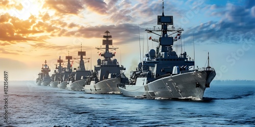 Naval Battleships in Formation: Northern Fleet Baltic Sea on a Sunny Day. Concept Historic Naval Ships, Military Formations, Sunny Day Photography