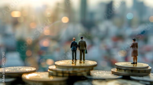 miniature model group of investment standing on coin with city background. Business successful concept.
