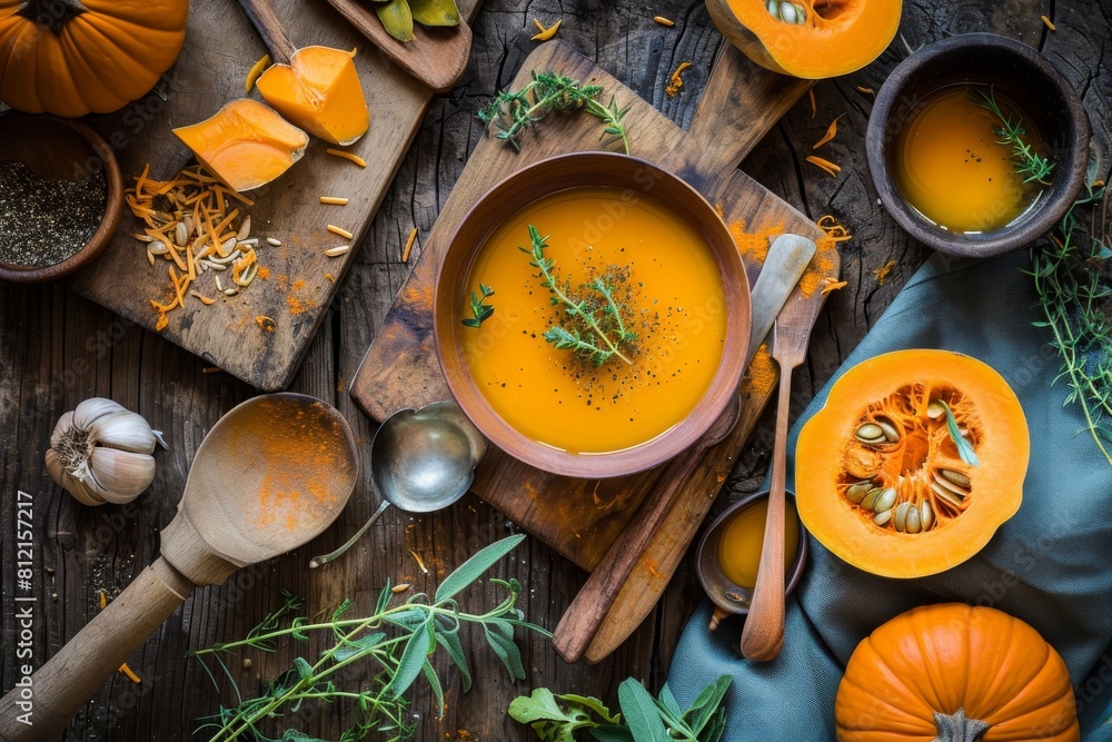 Pumpkin soup with vegetarian cooking ingredients, wooden spoons, and kitchen utensils on a wooden background. Top view. Vegan diet. Autumn harvest. Healthy, AI generated Pumpkin soup with vegetarian cooking ingredients, wooden spoons, and kitchen utensils on a wooden background. Top view. Vegan diet. Autumn harvest. Healthy, AI generated