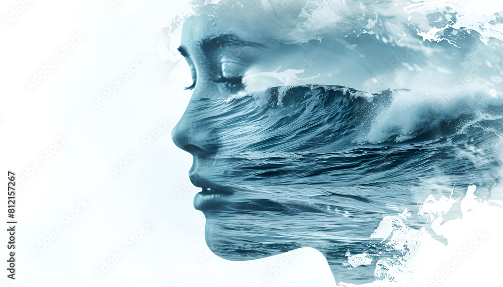 Double exposure portrait of a young woman combined with photograph of sea waves and water drops with light effects Double exposure portrait of a young woman combined with photograph of sea waves and water drops with light effects