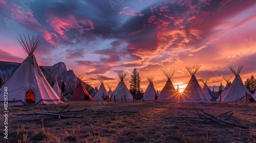 Sunset Over Native American Teepee Settlement