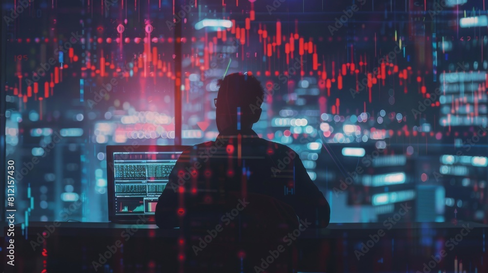 Multi exposure of market chart with man working on computer on background. Concept of financial analysis. Multi exposure of market chart with man working on computer on background. Concept of financial analysis.