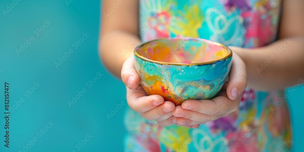 Closeup of a colorful ceramic bowl held in a child's hands.
