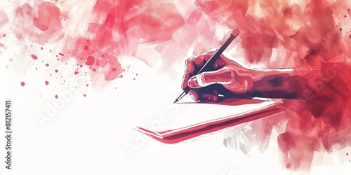 Artistic illustration of a hand holding a pencil and writing on a paper with red watercolor splashes in the background.