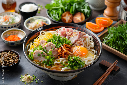 Inviting Bowl of Nutritious Udon Noodles Surrounded by Fresh Ingredients