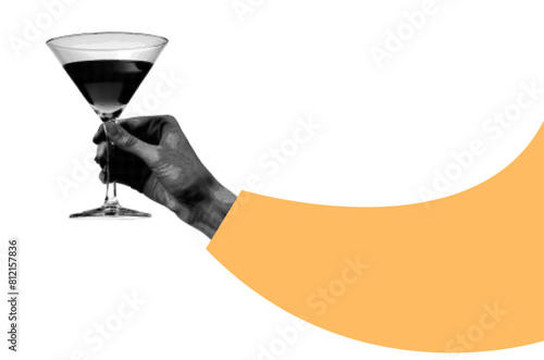 A hand holding a celebration drink. modern halftone collage design element