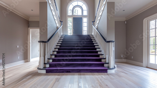 Rear view of an elegant entrance with a deep purple staircase looking towards the wide front door and light hardwood floors ascending to the high ceiling Backward perspective