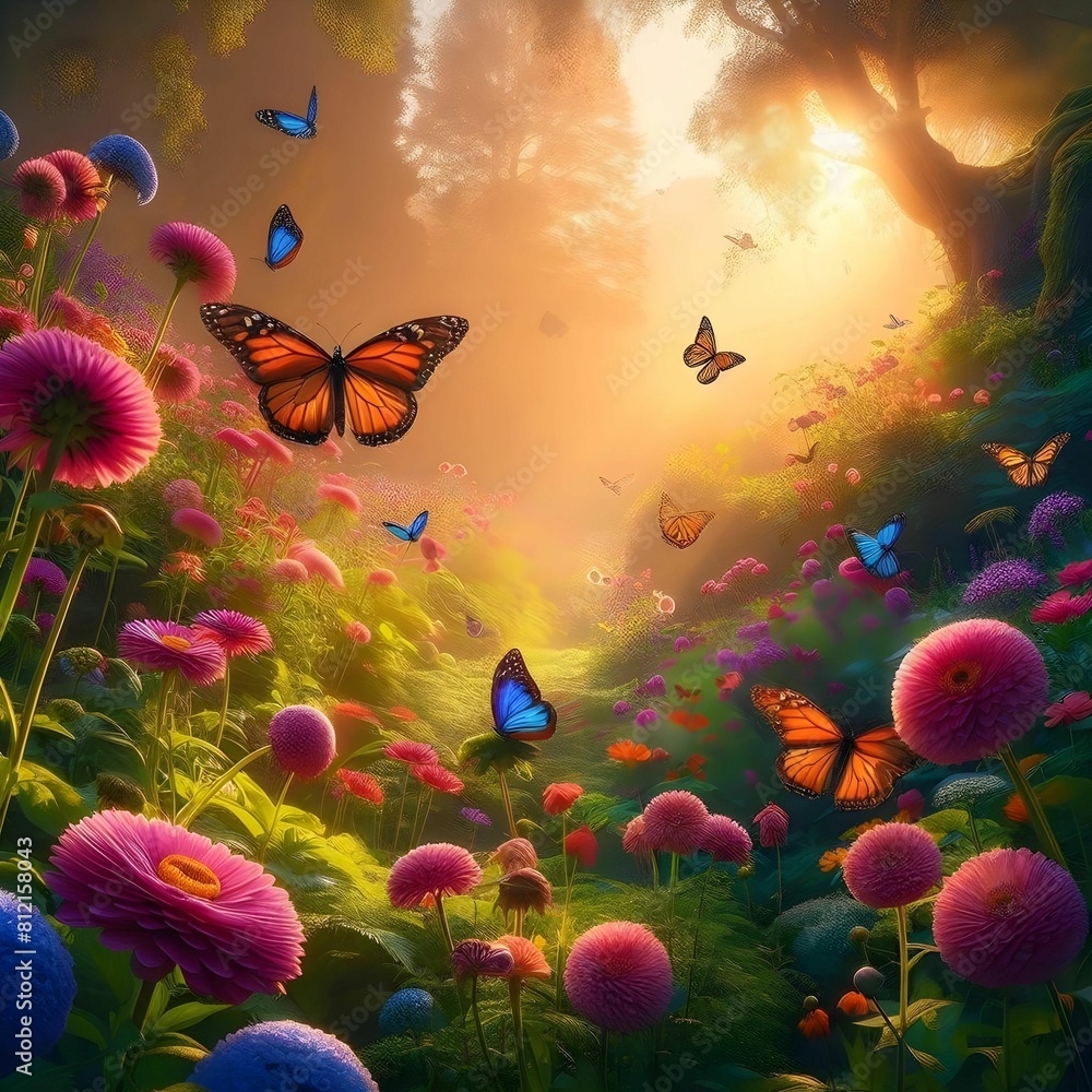 Serene, butterfly garden, filled with colorful blooms, nature photography