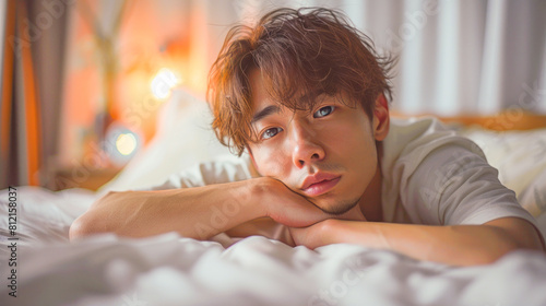 Young asian man struggling to wake up lying in a bed . Good for themes of morning fatigue, waking up and insomnia. photo