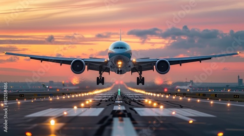 Passenger Plane Taking Off at Sunset from Airport Runway - Front View