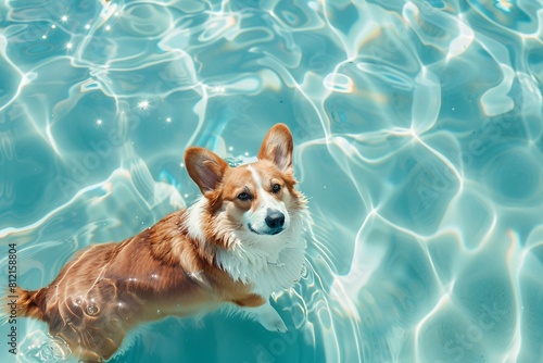 corgi in water, dog in the pool photo
