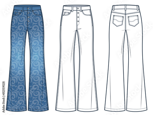 Flared Jeans technical fashion illustration, floral pattern. Denim Pants fashion flat technical drawing template, full length, high waist, front, back view, white, blue, women, men, unisex CAD mockup.