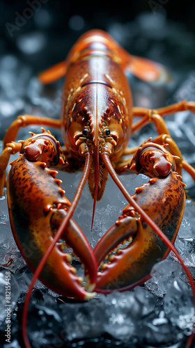 A bright red lobster sits on a bed of ice, its claws outstretched.
