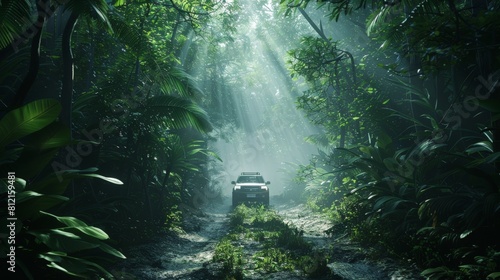 Discovery and exploration symbolized by a car driving through a dense rainforest  sunlight filtering through the lush canopy of trees