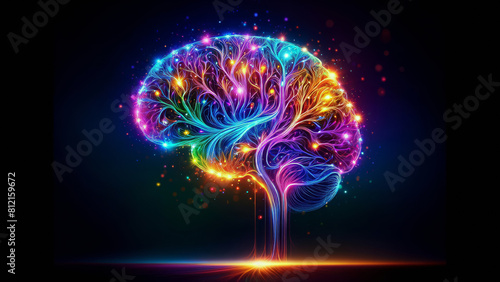 Tree-Like Neon Brain Illustrating Growth and Vitality