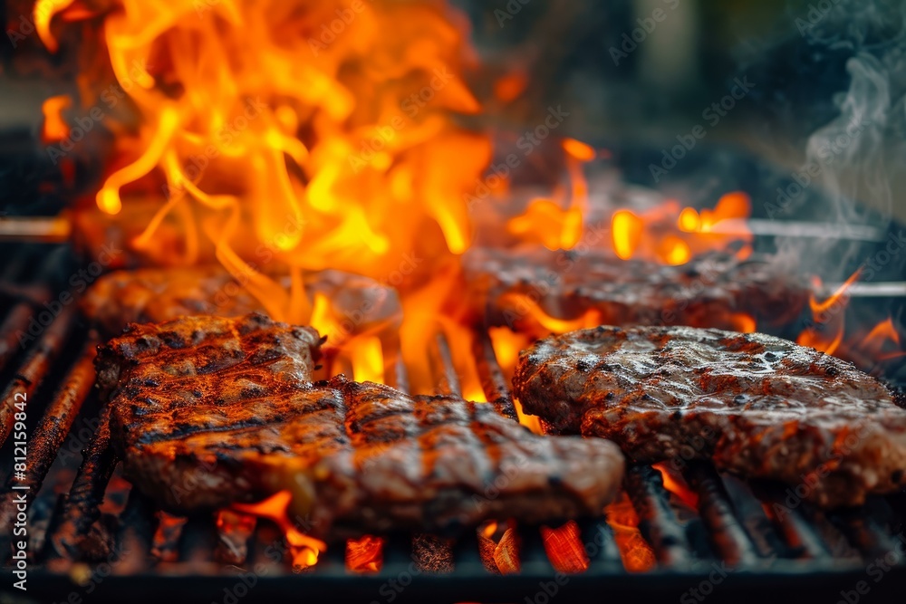 Sizzling beef steaks cooking on a fiery grill, perfect for summer barbecues Sizzling beef steaks cooking on a fiery grill, perfect for summer barbecues