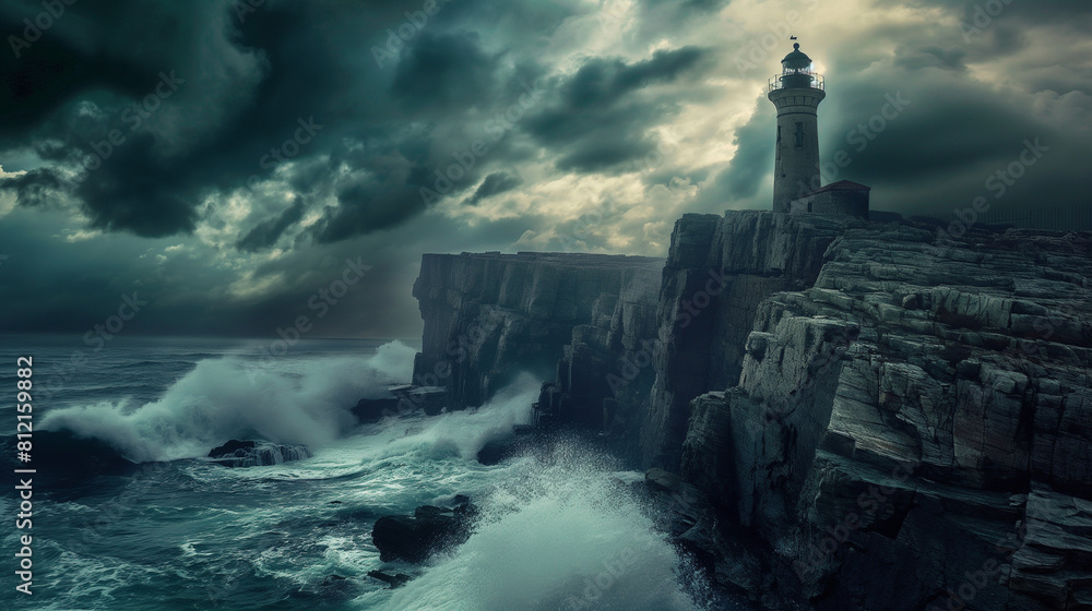 storm over the sea and lighthouse 