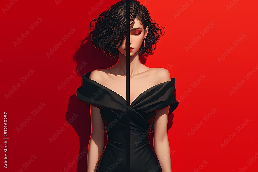 portrait of a woman in black dress, duality, dark, bipolar, depression, half, mind, abstract, isolated, art portrait of a woman in black dress, duality, dark, bipolar, depression, half, mind, abstract, isolated, art