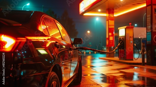 A car parked in front of a gas station with the pump filling the tank, casting a warm glow on the car's exterior