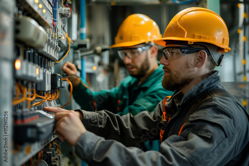 Two industrial engineers in hardhats and safety glasses work together to repair a circuit board.