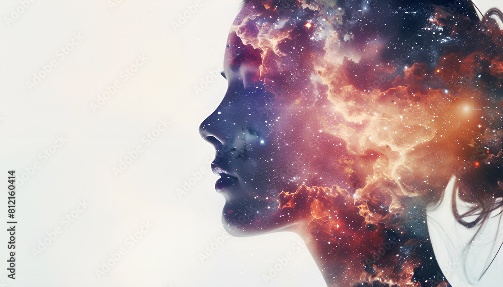 Double exposure portrait of young woman close eye face with galaxy space inside head