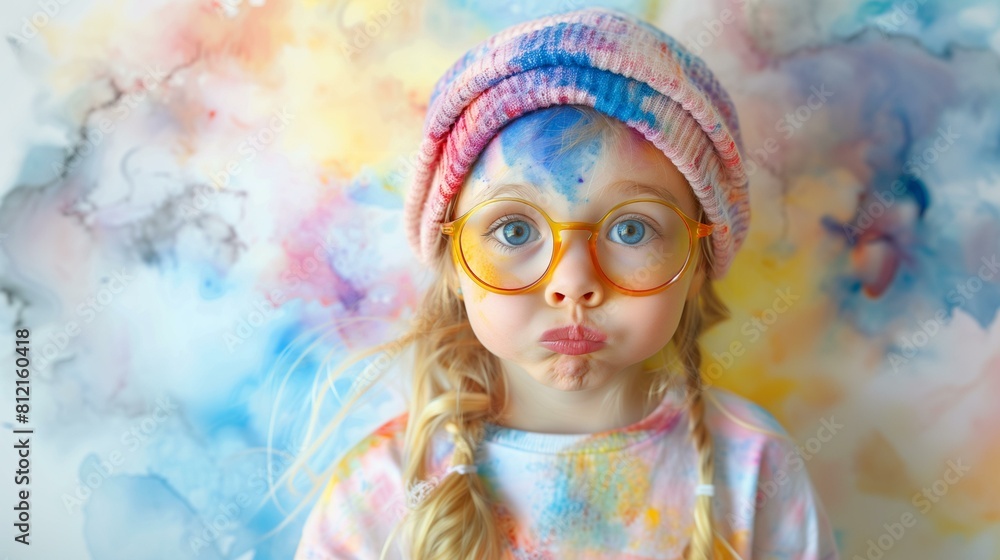 Little funny girl colorful face clothes making silly face Little funny girl colorful face clothes making silly face