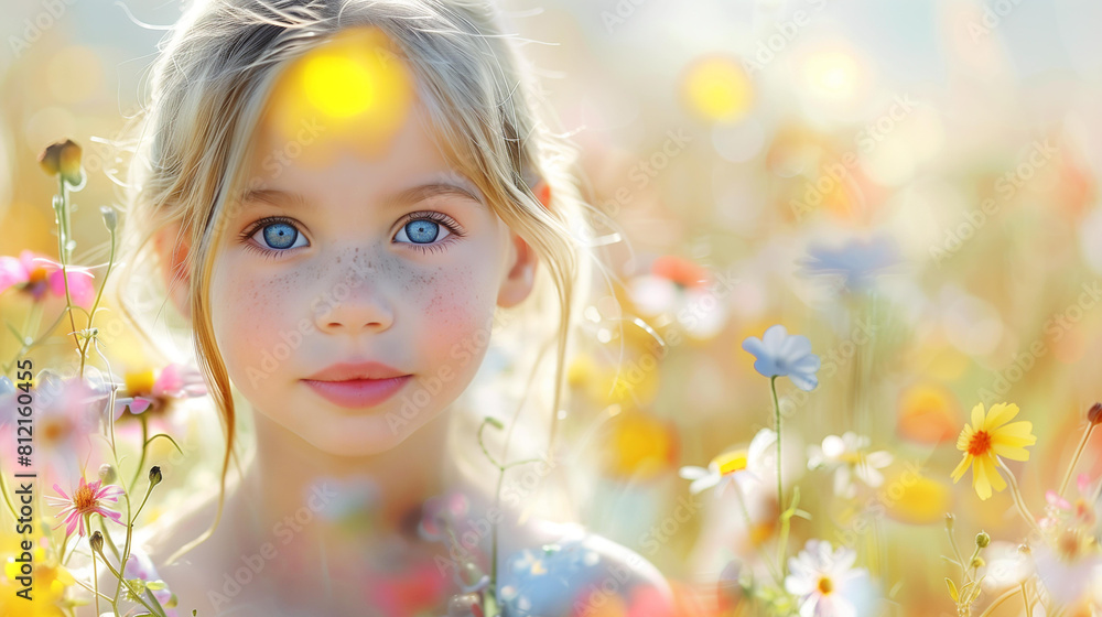 Fototapeta premium Little girl freckles on face standing in field of flowers