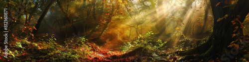 Beautiful rays of sunlight in a green forest in autumn. Generative AI