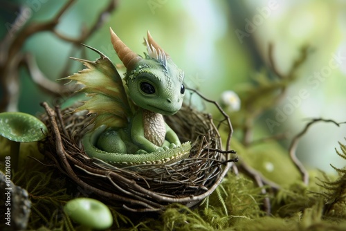 Captivating baby dragon figurine nestled within a woodland nest  evoking a magical ambiance