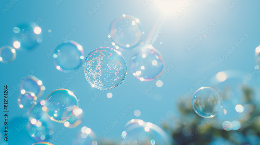 Soap bubbles floating on a clear blue sky
