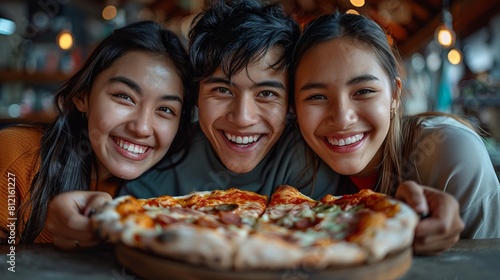 young filipino hispanic gen-z friends  discussing over pizza  red studio background