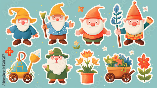 Set of cute garden gnomes. Vector illustration.