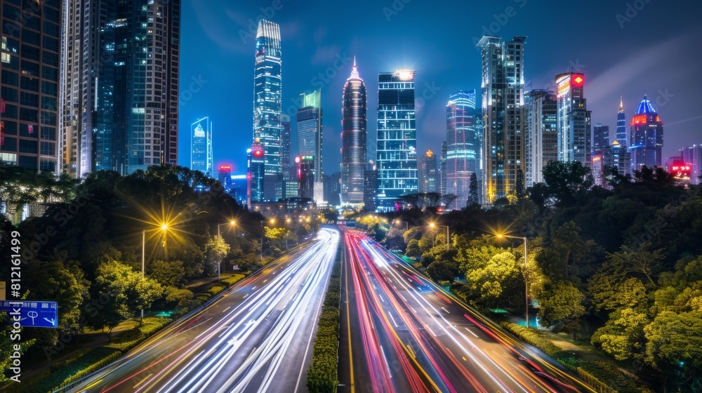 Shenzhen city buildings at night and blurred car lights