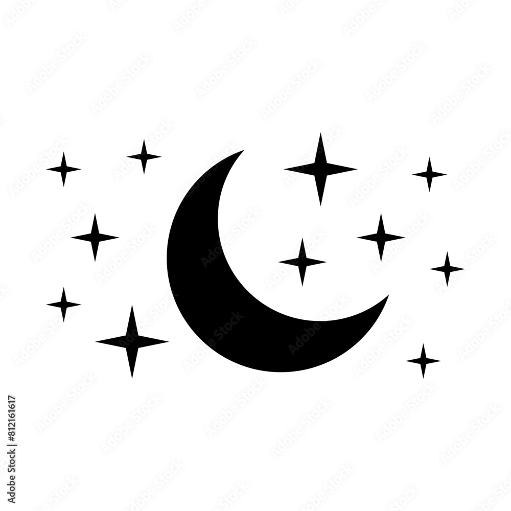 Crescent moon with stars icon on white background. Night icon. Crescent moon icon. Minimalist style. Crescent moon with stars icon on white background. Night icon. Crescent moon icon. Minimalist style.
