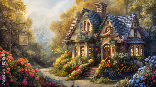 The image is a beautiful painting of a cottage in the countryside