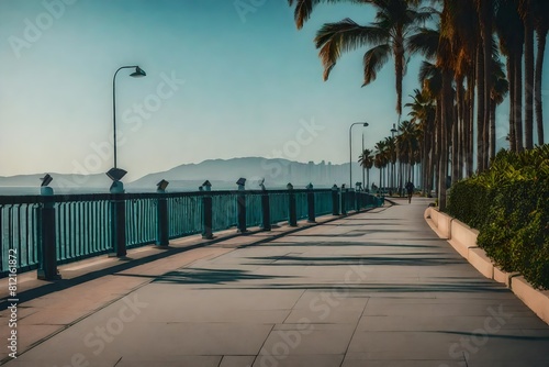 Amazing view of walkway with mountains and palm trees to the beach.