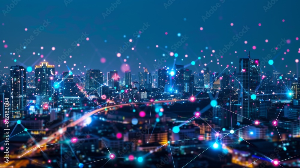 Smart city dot point connect with gradient line, connection technology metaverse concept. Bangkok, Thailand night city banner with big data. Smart city dot point connect with gradient line, connection technology metaverse concept. Bangkok, Thailand night city banner with big data.